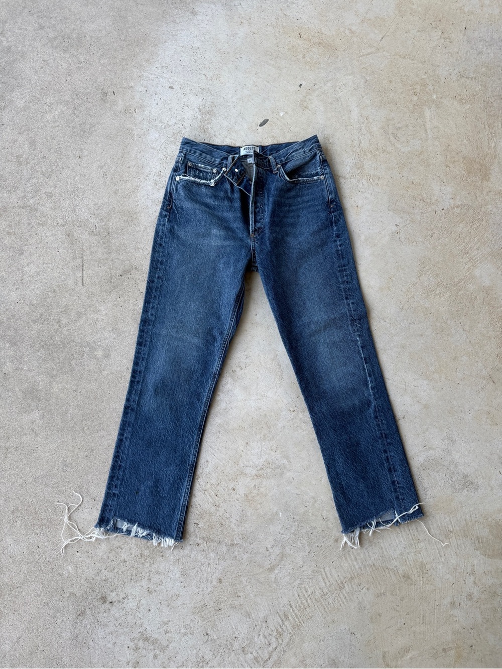 AGOLDE Los Angeles Premium Straight Leg Raw Hem Jeans Women’s Size‎ 27 Dark Wash
